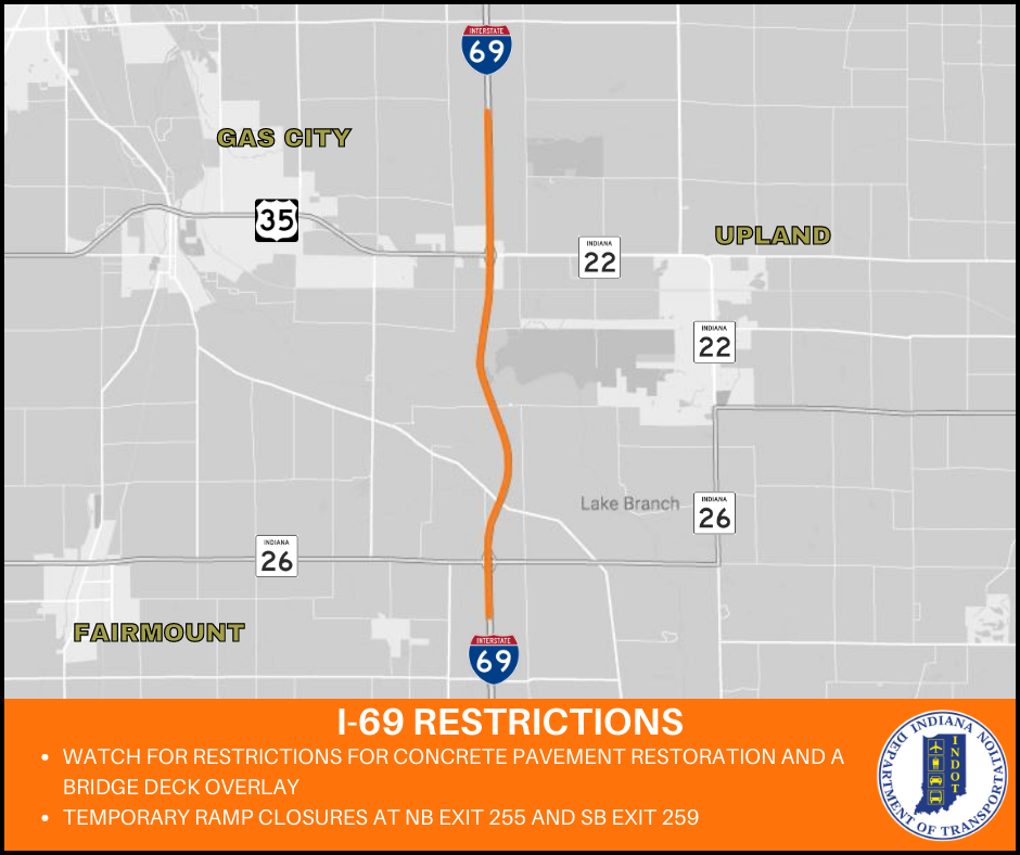 Construction is set to begin Monday, April 3, on a stretch of I-69 in Grant County. Work will last for approximately seven months. (Provided Photo/Indiana Department of Transportation)