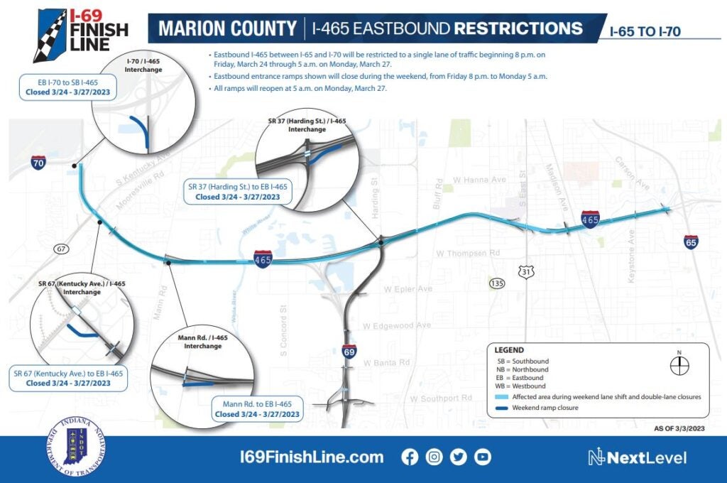 A map showing traffic restrictions on eastbound I-465 that will be in place from March 31, 2023, until April 3, 2023. (Provided Photo/INDOT)