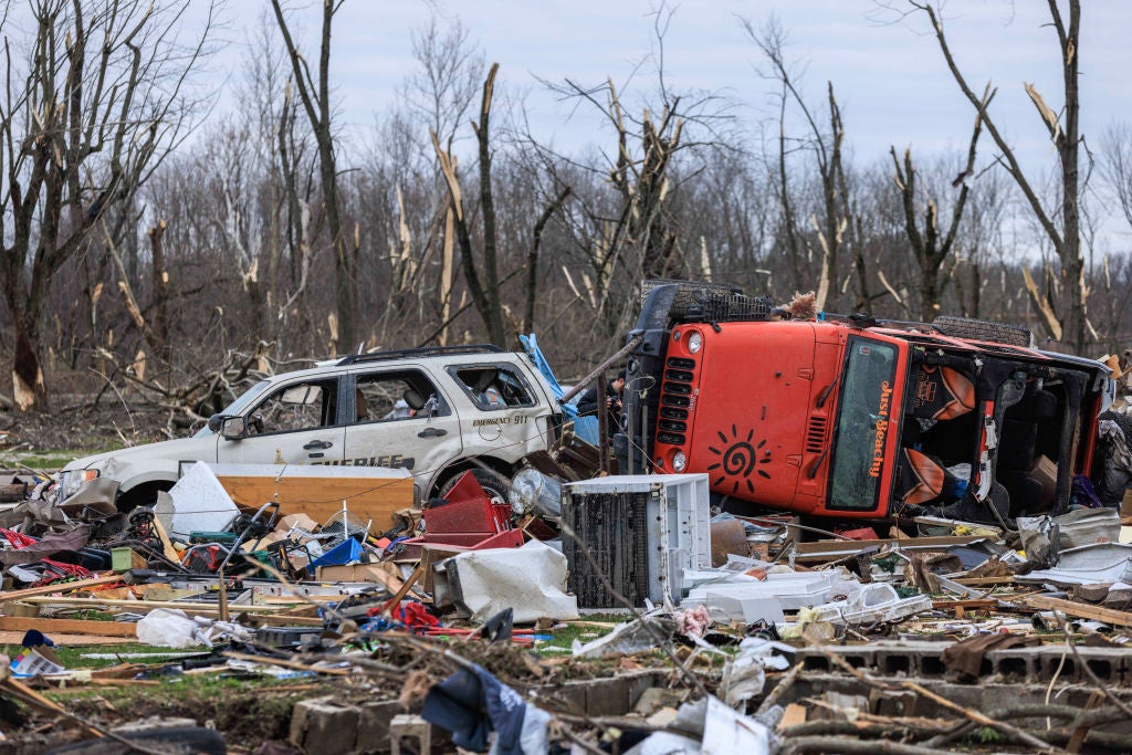 A swath of a residential area is in ruins after a tornado in Sullivan, Indiana. Officials in Sullivan County are welcoming donations of food, time, and money.(Photo by Jeremy Hogan/SOPA Images/LightRocket via Getty Images)