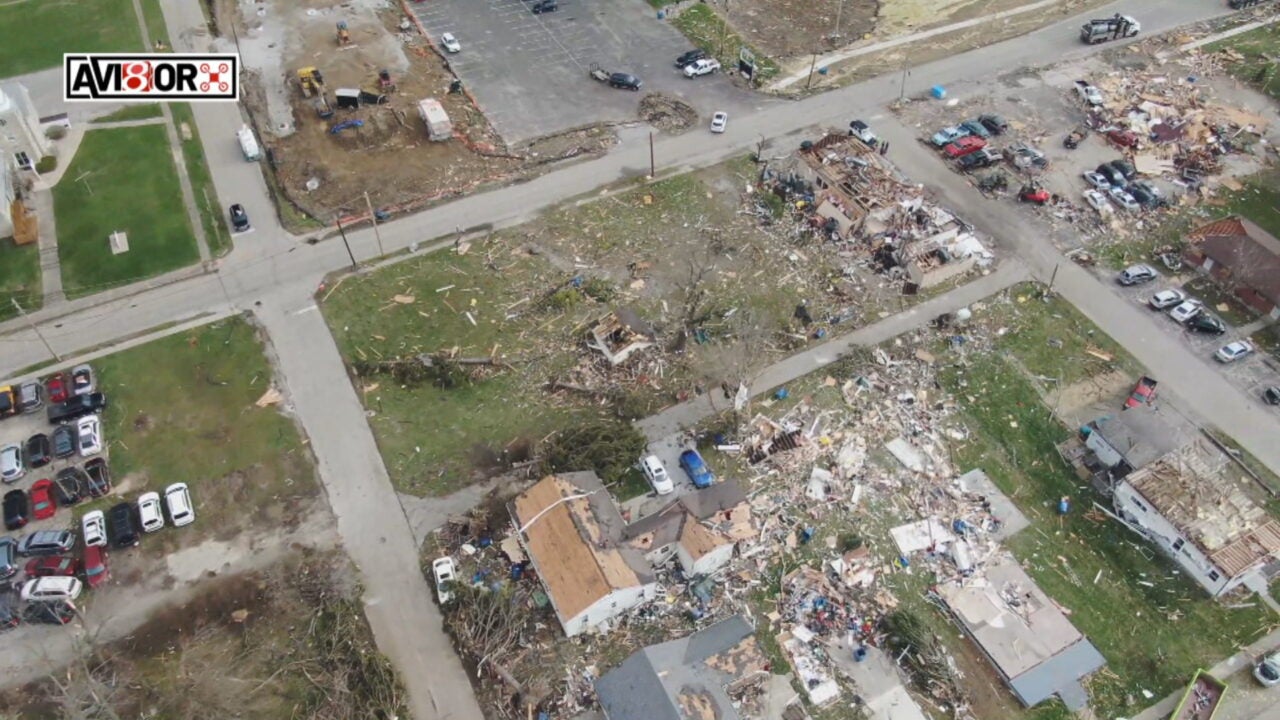 Damage from a March 31, 2023, tornado is shown April 3, 2023, in Whiteland, Indiana. Teams from FEMA will soon be going door-to-door to help Hoosiers affected by the March 31 tornado outbreak apply for federal aid. (WISH Photo)