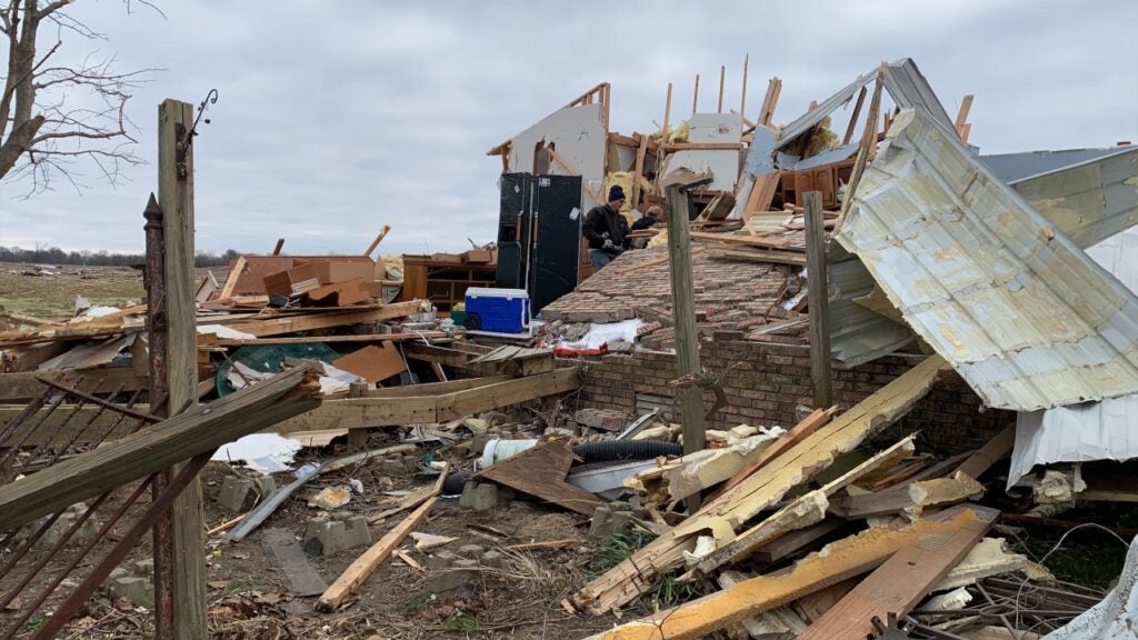 Destruction caused by a tornado that swept through the town of Whiteland, Indiana, on March 31, 2023. Various organizations are collecting donated items and monetary donations to help those affected by Friday's tornadoes. (WISH Photo/Lakyn McGee)