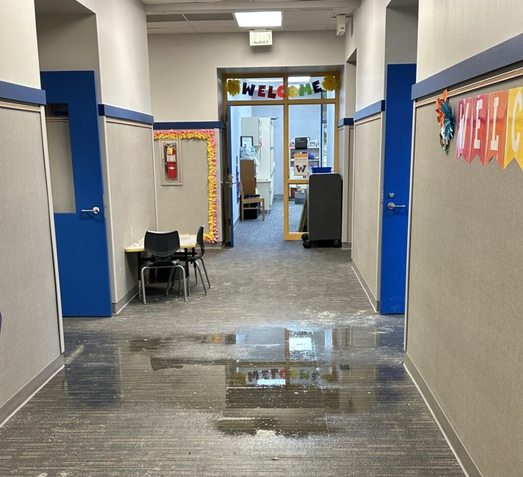 Water damage in a classroom at Whiteland Elementary School. The school is closed Wednedsay, July 26, 2023, Clark-Pleasant School Corporation says. (Provided Photo/Rick Hightower/Clark-Pleasant Schools)