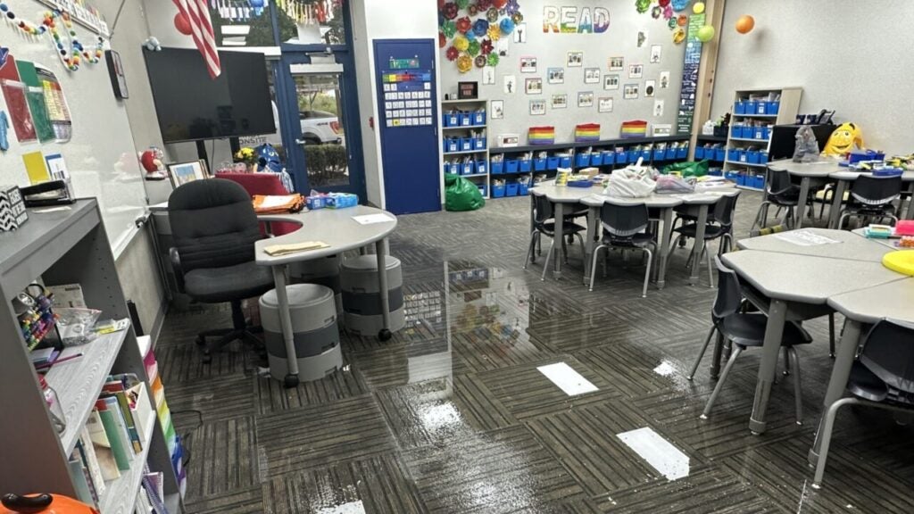 Water damage is visible in a classroom at Whiteland Elementary School on July 26, 2023. Whiteland Elementary is closed due to water damage to several classrooms. (Provided Photo/Rick Hightower/Clark-Pleasant Schools)