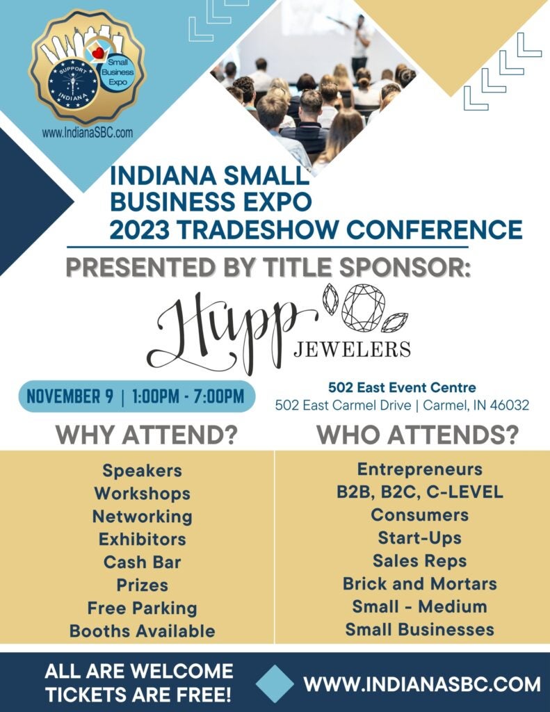 A flyer for the Indiana Small Business Expo 2023 Tradeshow Conference set for Nov. 9, 2023, in Carmel, Indiana. 