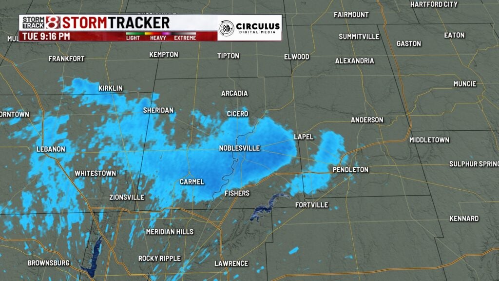 A radar image from 9:16 p.m. on Oct. 31, 2023, shows snow over parts of central Indiana. (WISH Photo)