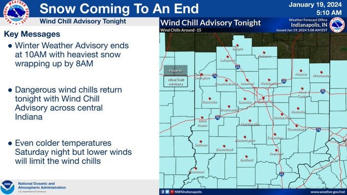A Winter Weather Advisory is in place for much of Indiana through 10 a.m. EST. Cold temperatures will return tonight with wind chills around 15 below zero. Chilly temperatures will continue into the weekend. (Provided Photo/National Weather Service)