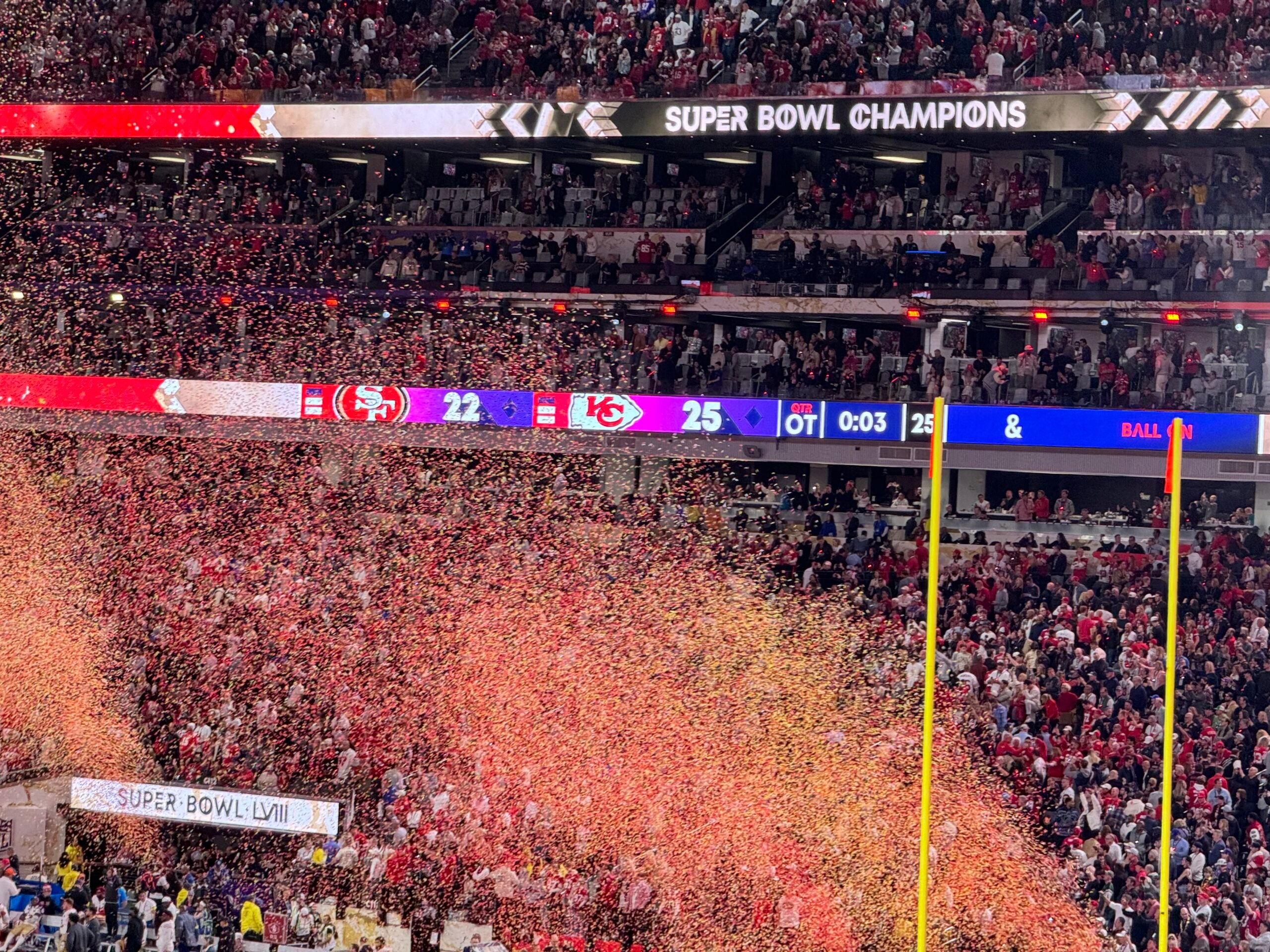 Confetti flies in Allegiant Stadium in Las Vegas after the Chiefs defeat the 49ers 25-22 in overtime in Super Bowl 58. (WISH Photo)