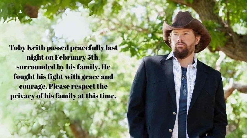 Toby Keith's family is asking for privacy after his death from cancer at age 62. (Provided photo/Toby Keith's official website)