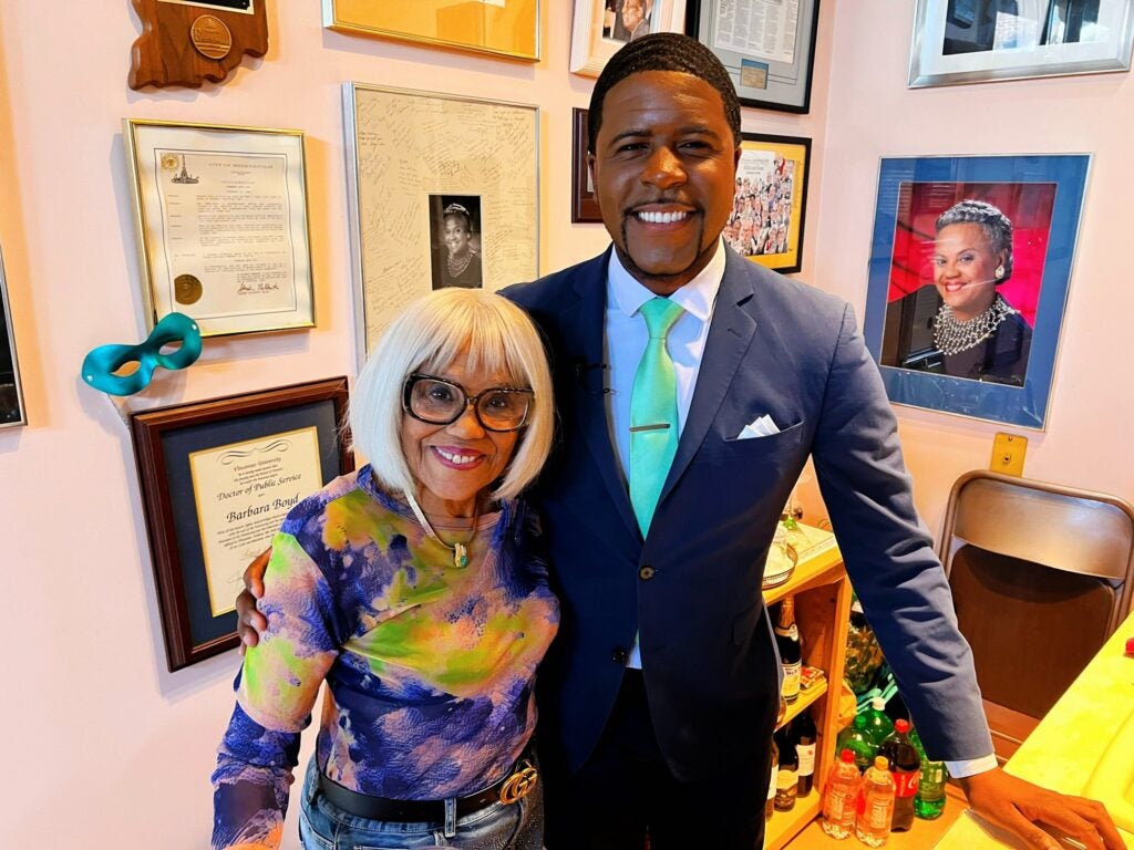 Pioneering TV reporter and news anchor Barbara Boyd poses for a photo with News 8's Jeremy Jenkins in March 2024. (WISH PHOTO)