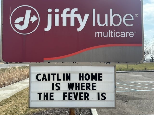 Local Jiffy Lube of Indiana locations have changed their signs to welcome Caitlin Clark to Indianapolis. 