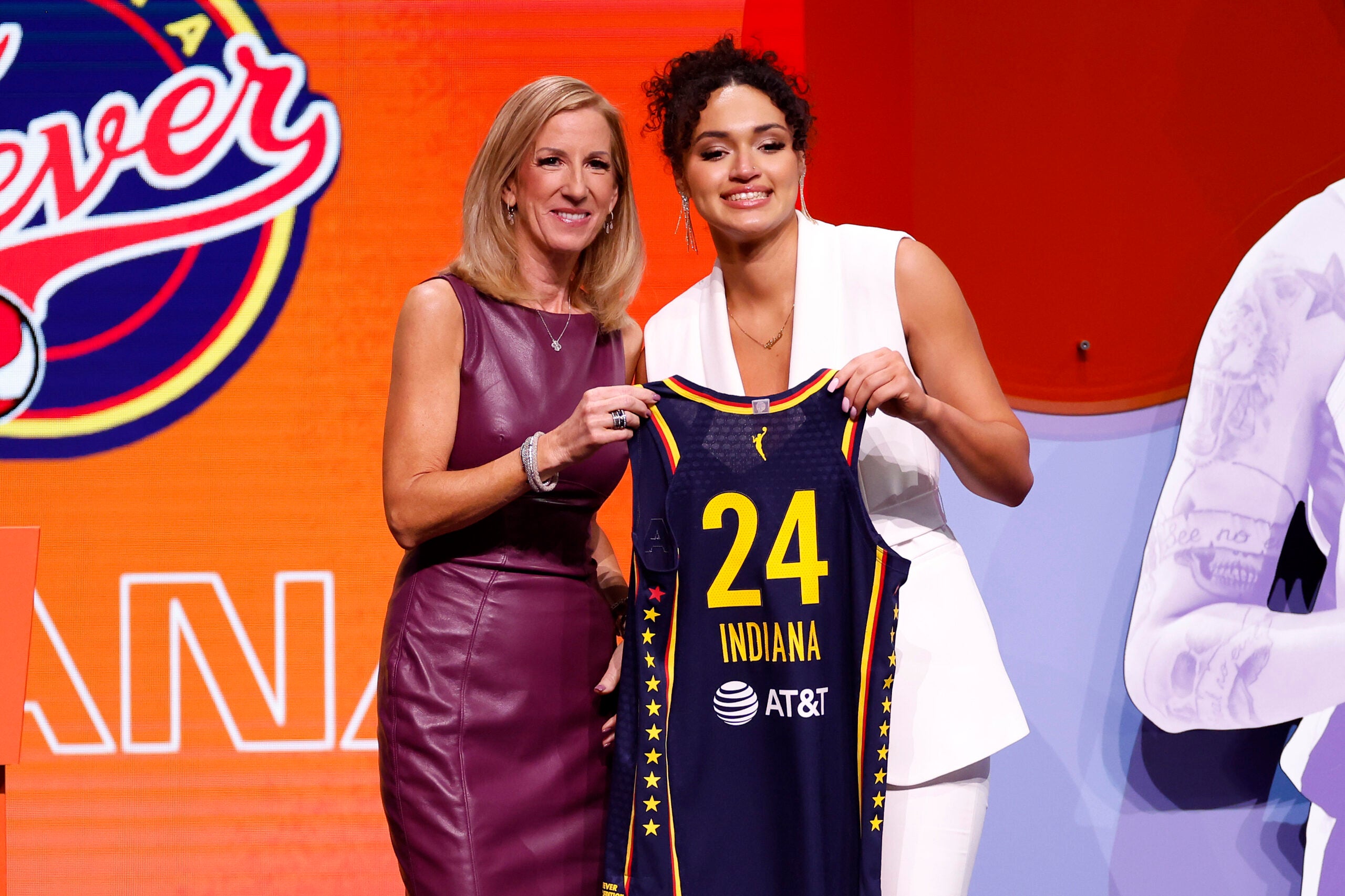 Celeste Taylor (R) poses with WNBA Commissioner Cathy Engelbert (L) after being selected 15th overall pick by the Indiana Fever during the 2024 WNBA Draft at Brooklyn Academy of Music on April 15, 2024 in New York City. (Photo by Sarah Stier/Getty Images)